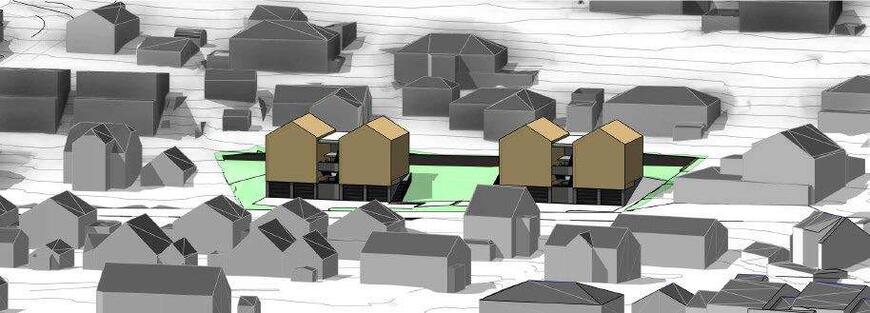 3D-illustrasjon hentet fra planbeskrivelsen (figur 31) av planlagt bebyggelse innenfor planområdet sett østfra i fugleperspektiv. (øverst)