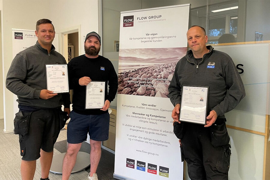 I år har medarbeiderne, Michal Hulisz, Espen Yssenmoen og Geir Lau, i FLOW Meisingset VVS, gjennomført FG_kurs, og er FG-900-sertifiserte.