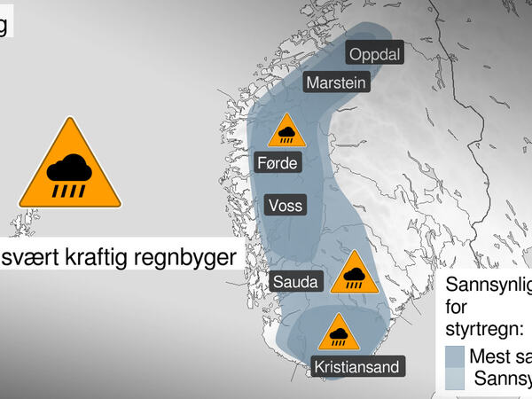 Orange farenivå for styrtrein på et kart