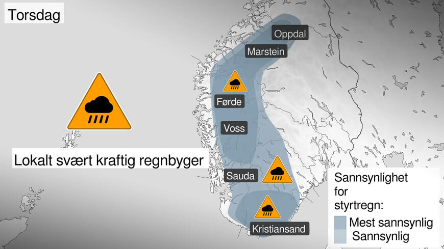 Orange farenivå for styrtrein på et kart