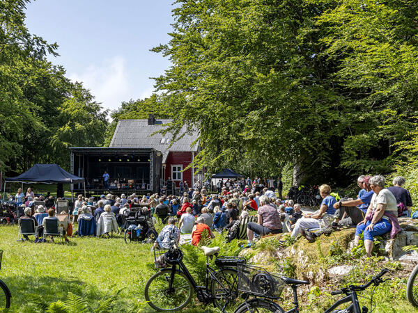 Publikum ser på en utekonsert i maurholen i fint vær
