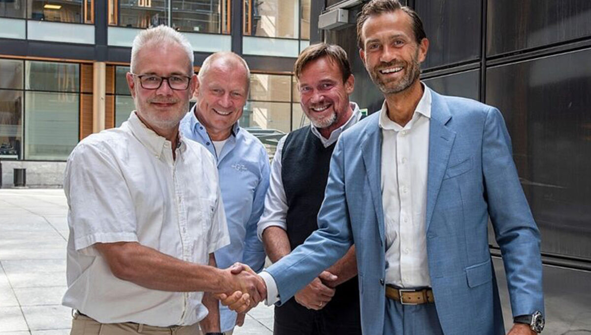 På bildet ser vi fra venstre, daglig leder VVP, Bjørn Moen, styreleder VVP, Petter Vang, markedssjef VA/VVS, Byggtjeneste, Tor Strand Jacobsen og daglig leder i Byggtjeneste, Mikkel Nielsen.
