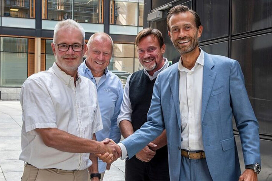 På bildet ser vi fra venstre, daglig leder VVP, Bjørn Moen, styreleder VVP, Petter Vang, markedssjef VA/VVS, Byggtjeneste, Tor Strand Jacobsen og daglig leder i Byggtjeneste, Mikkel Nielsen.