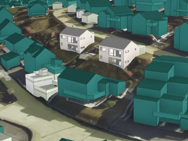 Skissert 3D-visualisering for hvordan nye bygg eventuelt kan se ut i forhold til eksisterende bebyggelse.