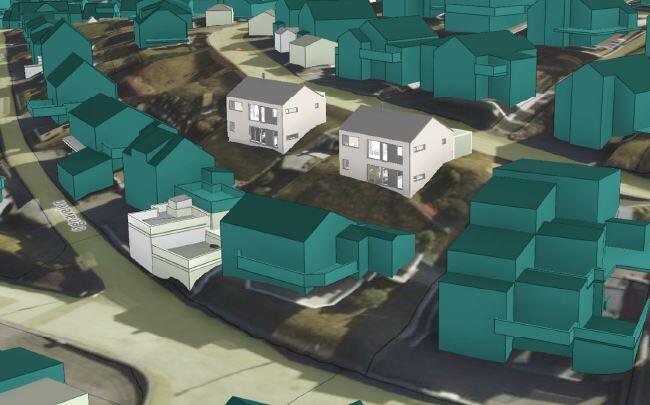 Skissert 3D-visualisering for hvordan nye bygg eventuelt kan se ut i forhold til eksisterende bebyggelse.