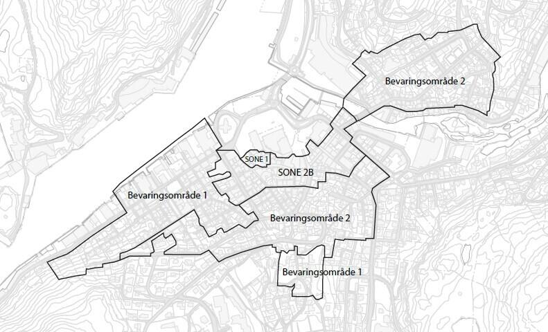 Bildet viser en avgrensing av bevaringsområdene for Egersund sentrum som retningslinjene er gjeldene for. Bevaringsområde 1 og 2, samt sone 2 B og sone 1.