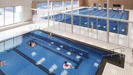 Fjord Line-hallen med badegjester. Illustrasjon