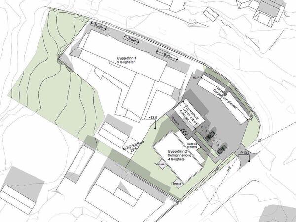 Situasjonsplan viser planlagt utbygging i området. Planlagt bebyggelse er ikke nødvendigvis endelig løsning, men viser volum og form innenfor planens bestemmelser.