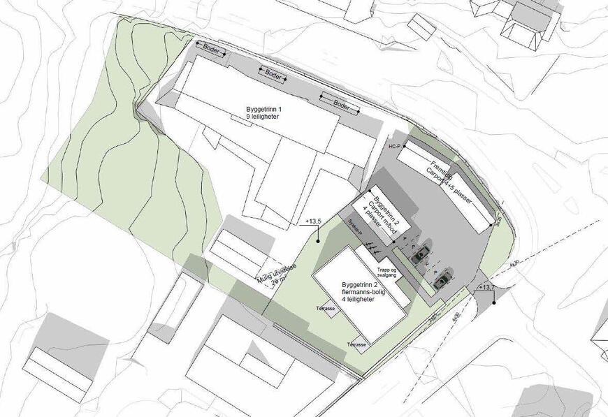 Situasjonsplan viser planlagt utbygging i området. Planlagt bebyggelse er ikke nødvendigvis endelig løsning, men viser volum og form innenfor planens bestemmelser.Kilde: Situasjonsplanen er hentet fra planbeskrivelsen (Figur 19) Situasjonsplan viser planlagt utbygging i området. Planlagt bebyggelse er ikke nødvendigvis endelig løsning, men viser volum og form innenfor planens bestemmelser.