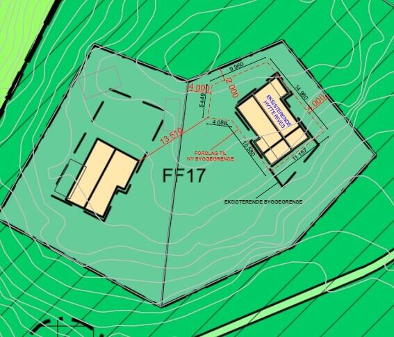 Utsnitt fra situasjonskartet. Stiplet svart linje rundt hytten viser eksisterende byggegrense. Rød linje viser forslag til ny byggegrense.