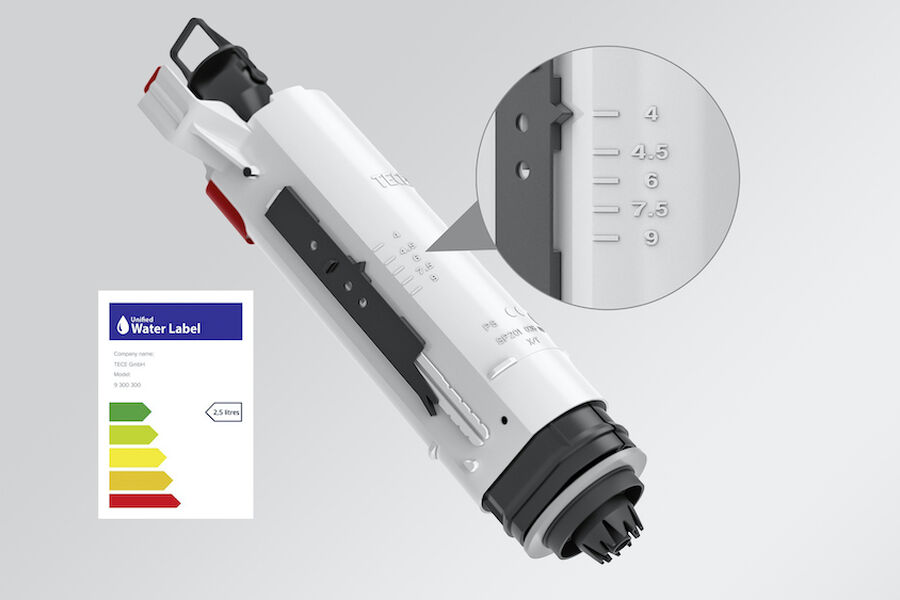 Utløpsventilen A2 med justerbar 4/2-liters skylling reduserer vannforbruket i TECEs WC-sisterner.