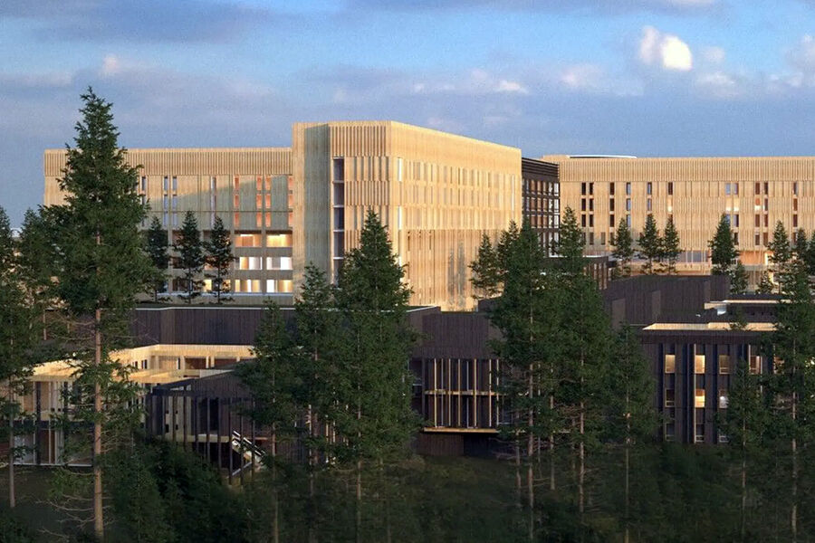 Den nye Mjøssykehuset kan stå ferdig i 2032. Illustrasjon: Ratio/Arkitema