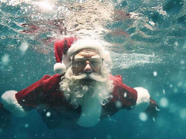 Nisse som svømmer i et basseng