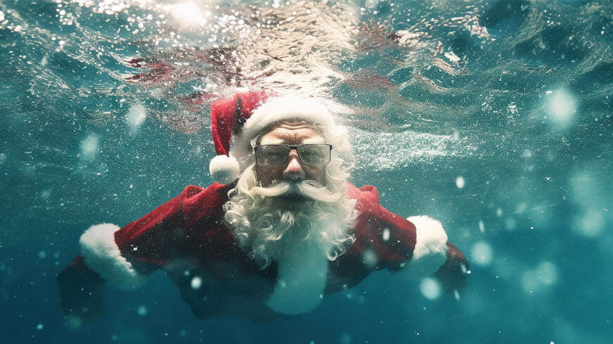 Nisse som svømmer i et basseng