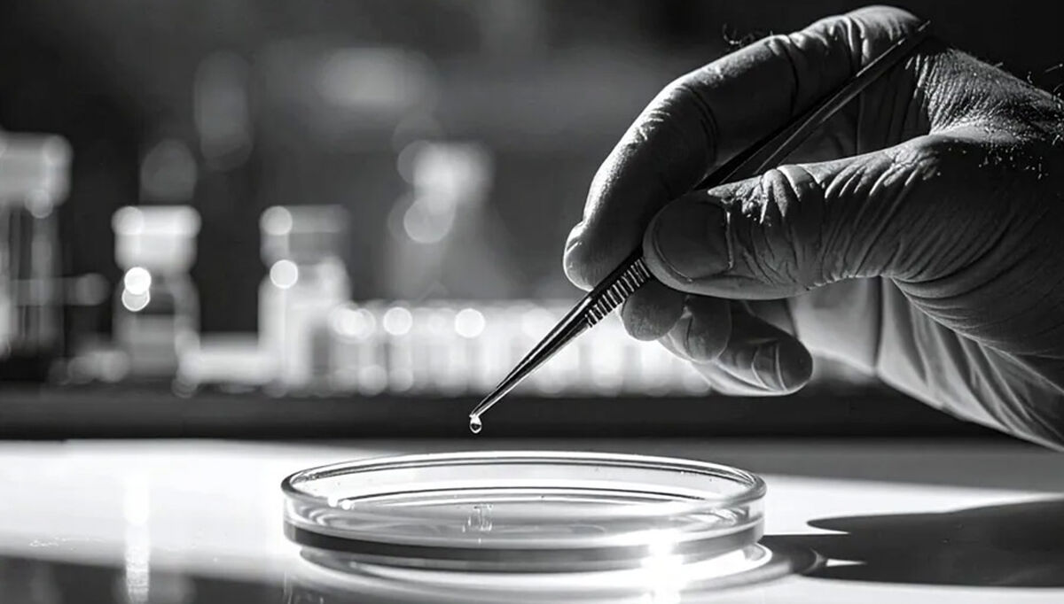 Black and white fine art photograph of a scientists hand holding