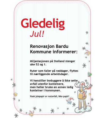 Bilde med julegrafikk og tekst om åpningstider i jula. Åpningstider er også beskrevet i tekstformat på nettsiden i rammen ved siden av.