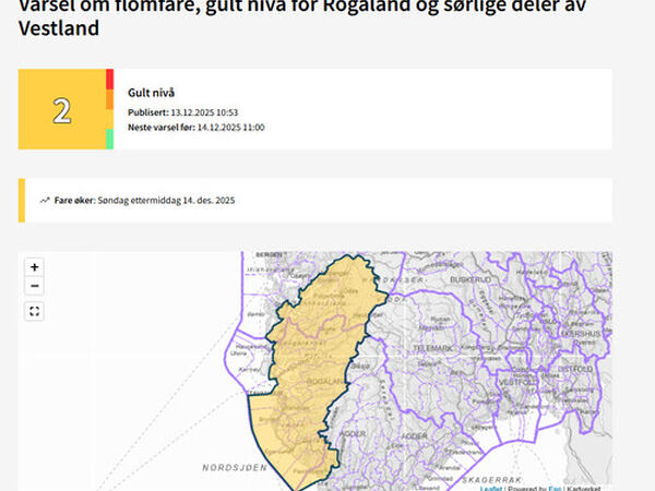 Gult varsel i kart fra Varsom.no