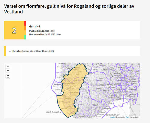Gult varsel i kart fra Varsom.no