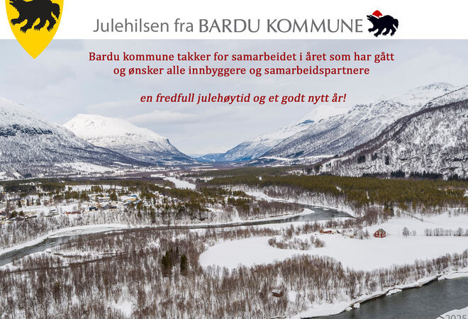 Vinterbilde av Bardu kommune flyfoto med julehilsen til innbyggere og samarbeidspartnere.