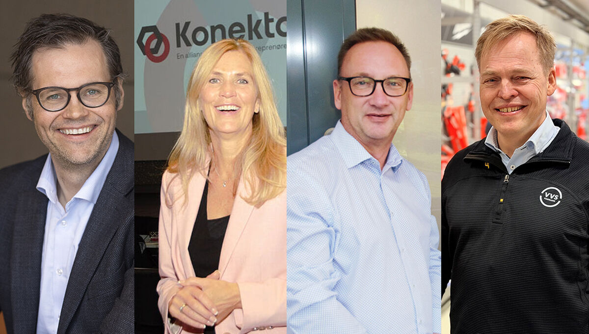 Hvordan var 2025 og hvilke forventninger har kjeder og rørallianser til 2026? Vi har sendt ut noen utvalgte spørsmål til alle rørkjeder, allianser og konsernmodeller. På bildet ser vi de som har svart, fra venstre, Kristian Reistadbakken, adm. direktør i VVS Norge, adm.direktør Line Ekroll Dyb, Konekta, Kai Johnsen, daglig leder Kjedehuset, og Øystein Opdal, leder VVS Fagmann. Hvordan var 2025 og hvilke forventninger har kjeder og rørallianser til 2026? Vi har sendt ut noen utvalgte spørsmål til alle rørkjeder, allianser og konsernmodeller. På bildet ser vi de som har svart, fra venstre, Kristian Reistadbakken, adm. direktør i VVS Norge, adm.direktør Line Ekroll Dyb, Konekta, Kai Johnsen, daglig leder Kjedehuset, og Øystein Opdal, leder VVS Fagmann.