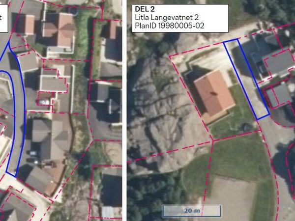 Flyfoto av eksisterende situasjon. Arealer som reguleres til vei er vist med blå strek.