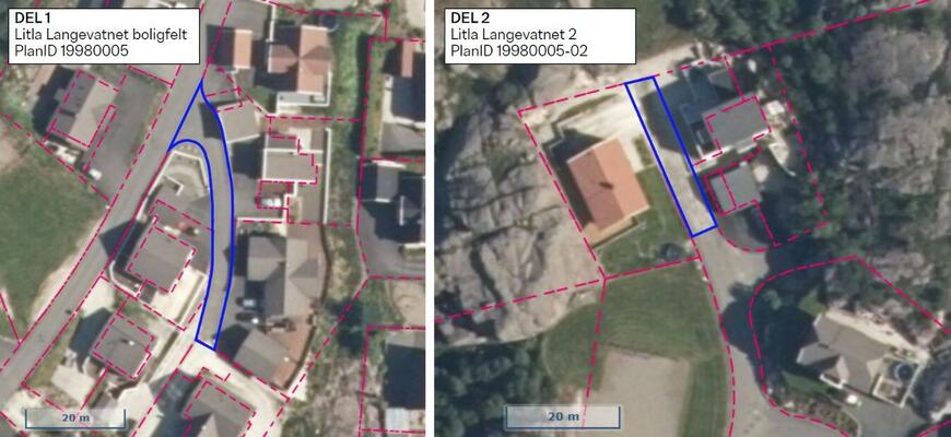 Flyfoto av eksisterende situasjon. Arealer som reguleres til vei er vist med blå strek.