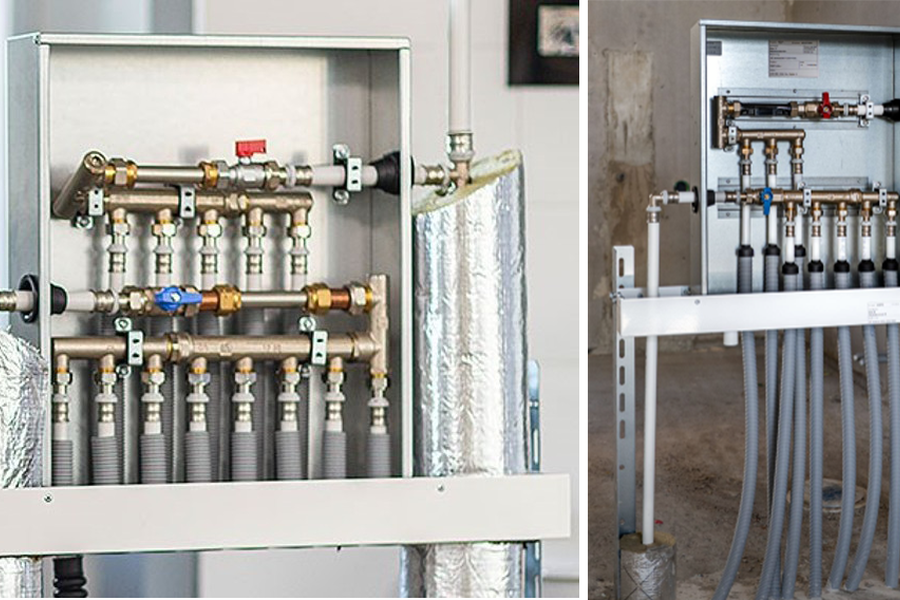 Separasjon mellom hovedrørføringer og fordelerskap gir betydelig bedre isolasjonsmuligheter med LK Isomax. I bunn av skapet er det en vanntett bunnplate som leder en eventuell lekkasje ut av vegg med avløp til våtrom.