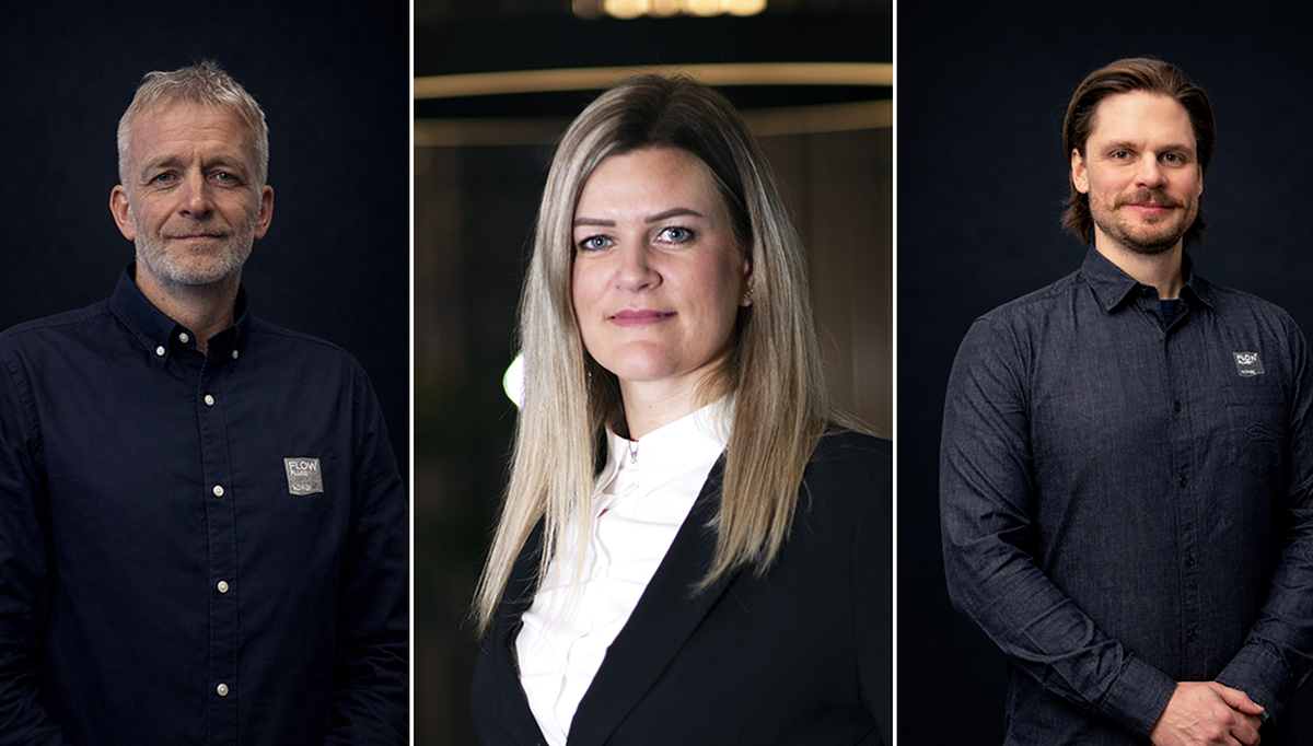 På bildet ser vi de tre nyansatte i FLOW Pluss Norge. Fra venstre, Lars Haugrønning, Siv Merethe Berge Røsland, og Joachim Thu Danielsen