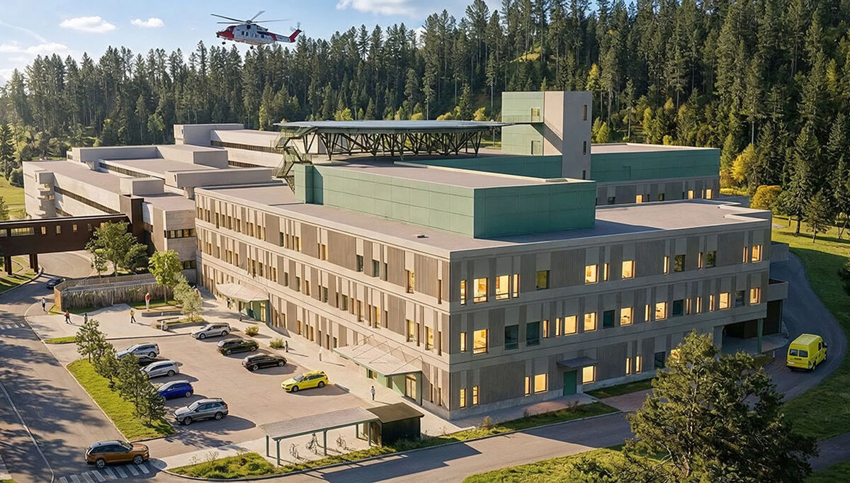 Veidekke skal bygge et felles akuttbygg og helsehus på Eg i Kristiansand. Illustrasjon: Bølgeblikk Arkitekter