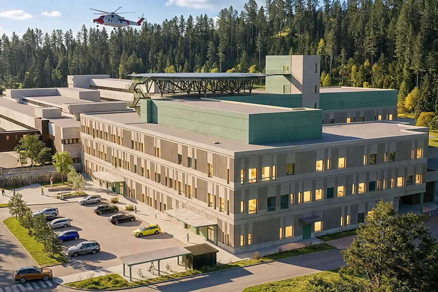 Veidekke skal bygge et felles akuttbygg og helsehus på Eg i Kristiansand. Illustrasjon: Bølgeblikk Arkitekter