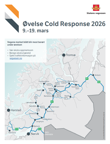 Kart fra Statens vegvesen over de mest berørte vegene.