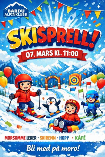 Skisprell i bakken på lørdag. Plakat med lørdagens arrangement i Steilia: Skisprell fra klokken 11.00.