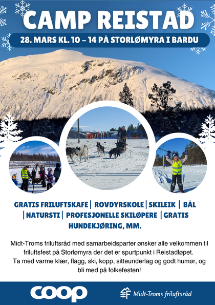 Plakat Camp Reistad, Midt Troms Friluftsråd Plakat med lik info som står i tekstfelt. Bilde av hundekjøring, barn rundt bål og en jente som jubler.