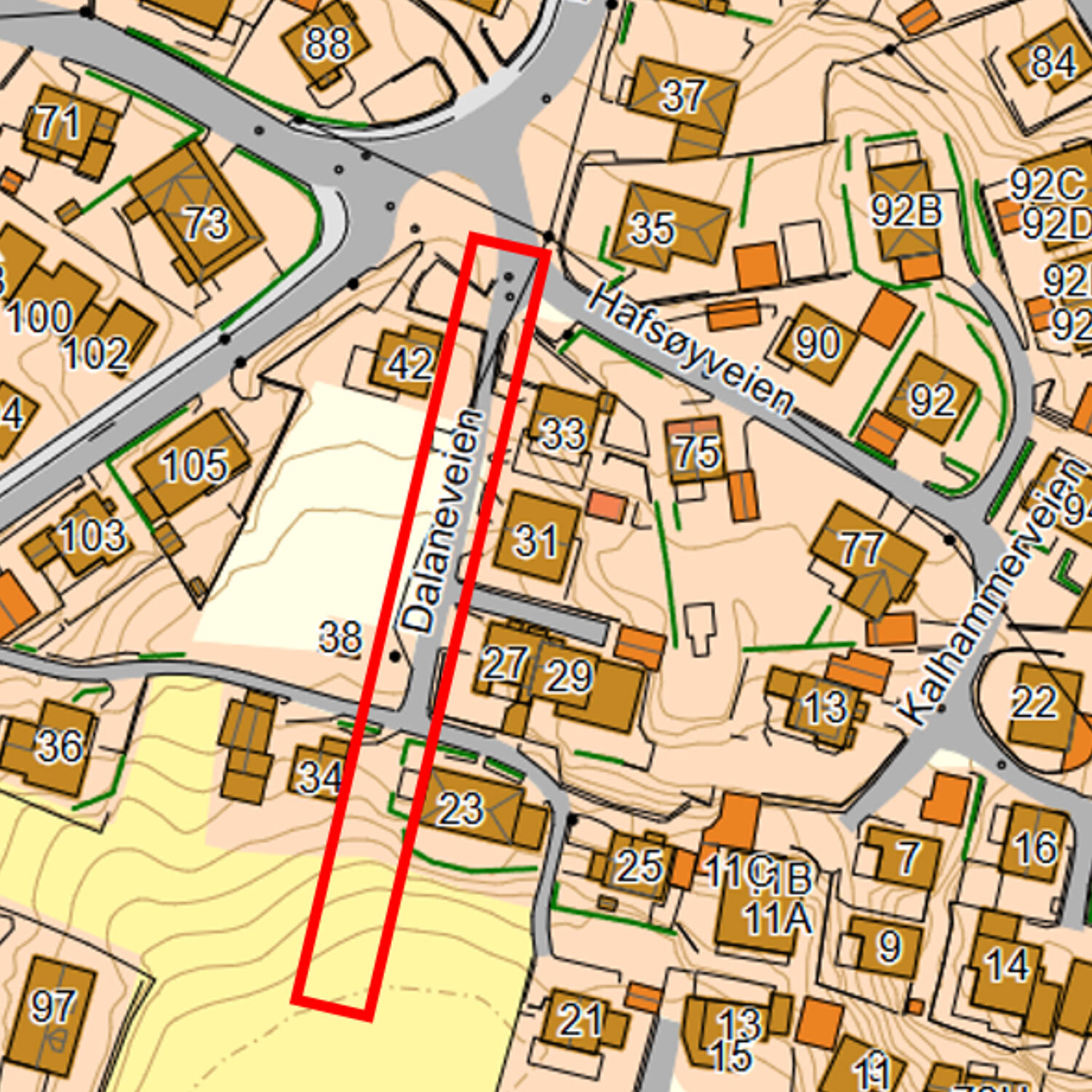 Kart som viser et område av Dalaneveien