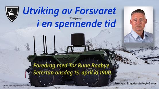 Foto av et ubemannet bakkekjøretøy (UGV) under øvelse Cold Response 26, er fotografert av Ole-Sverre Haugli, Forsvaret.  Bildet av Tor Rune Raaby er hentet fra hans hjemmeside; https://www.rslc.no/
