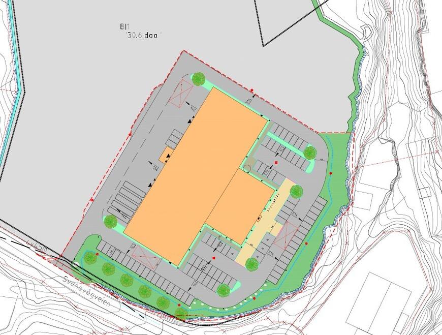 Tegningen viser det planlagte bygget reguleringsendringen omfatter.
