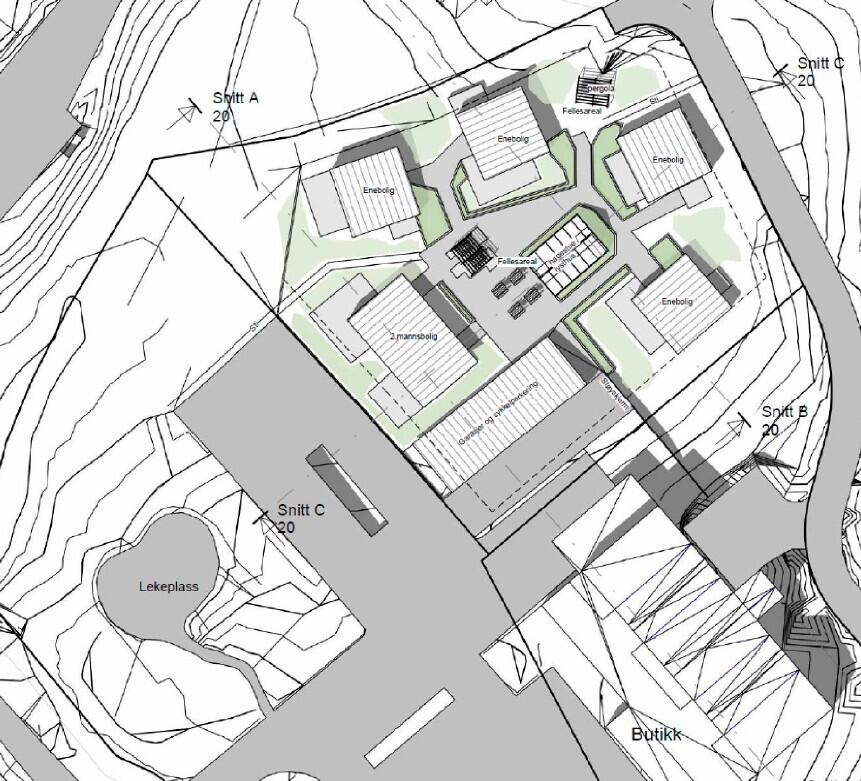 Situasjonsplan av illustrasjonsprosjektet - hentet fra figur 29 i planbeskrivelsen. Situasjonsplan av illustrasjonsprosjektet - hentet fra figur 29 i planbeskrivelsen.
