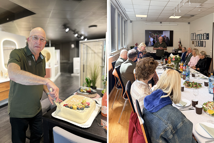 Her ser vi günder av Korsbakken Bad, Arne Korsbakken få æren av å ta det første kakestykket under markeringen av 50 -årsjubileet hos Korsbakken bad nylig. Der samlet de mange kunder og samarbeidspartnere til hyggelig lag og markering.