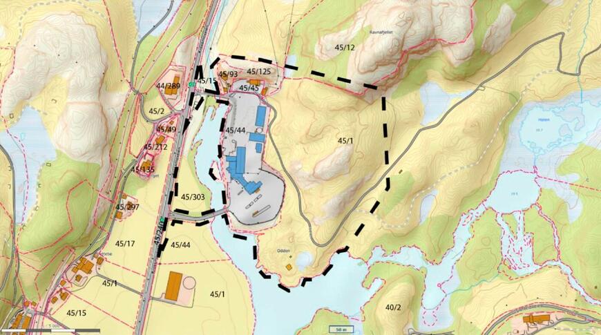 Planområdet vist med stiplet linje
