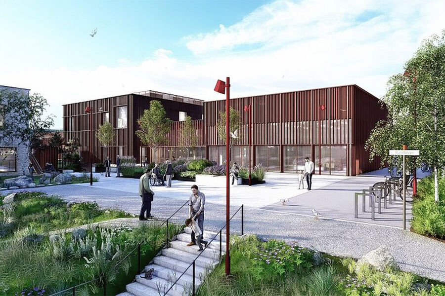 Solsiden er et nytt bo- og aktivitetssenter i Rana kommune, og skal samle flere helse- og omsorgstjenester i ett senter. Illustrasjon: PIR2 AS og Praksis arkitekter