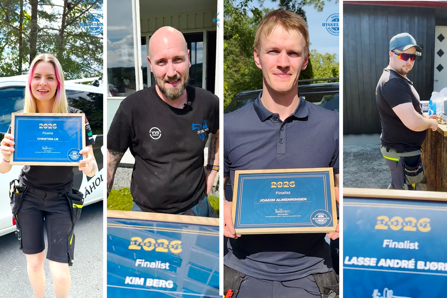 Her ser vi de fire finalistene fra rørleggerfaget som er med i konkurransen om å bli kåret til Norges Hyggeligste lærling, og Norges Hyggeligste Håndverker. Fra venstre; Christina Lie, Comfort Råholt, Eidsvoll, Kim Berg, IVBK Rør AS, Joakim Almenningen, Vinderen Rør AS, og Lasse André Bjørn, 69 Grader Rør AS.
