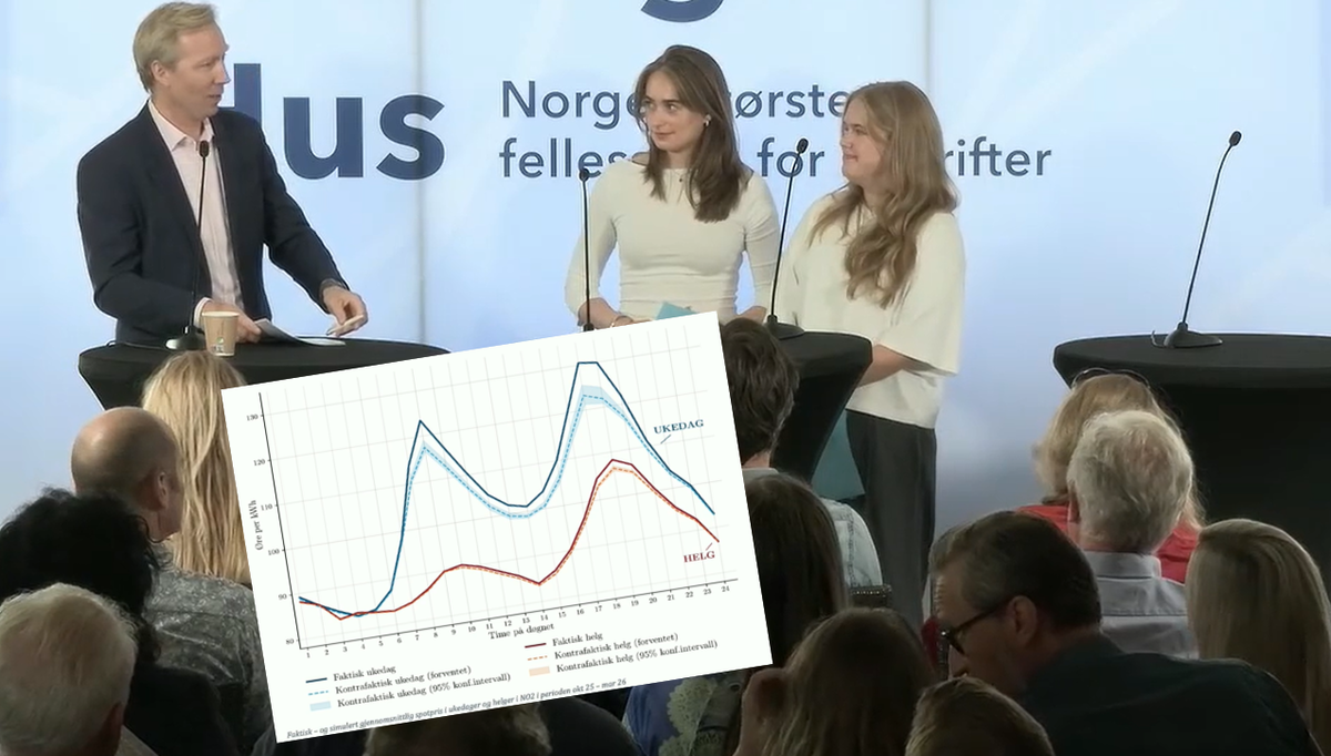 På Arendalsuka intervjuet Andreas Strømsheim-Aamodt fra NHO Elektro de to NTNU-studentene Kristine J.V. Moen og Synne Lefdal (lengst ti høyre) som hadde analysert strømforbruket etter at Norgespris ble innført.