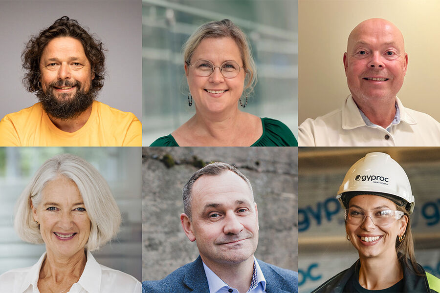 Øverst fra venstre: Harald Braathen (Bygningsarbeidernes Fagforening), Beate Svenningsen (NHO Byggenæringen), Knut Asper (Murmesternes forening), Marianne W. Røiseland (Rørentreprenørene Norge), Harald Hansen (Byggmesterforbundet) og Martine Bækkelund (Saint-Gobain).